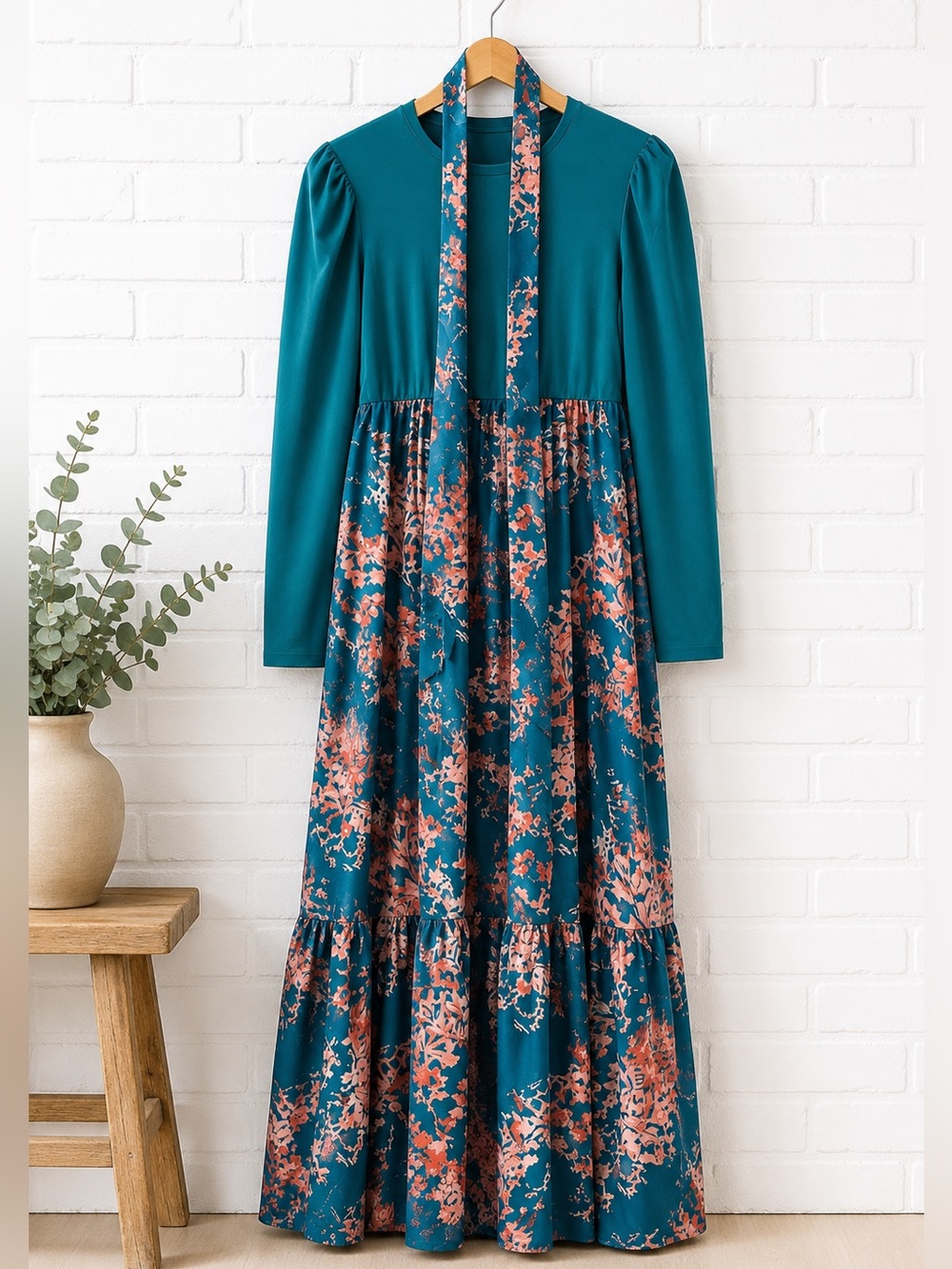 Teal Floral Tie-Neck Maxi Dress